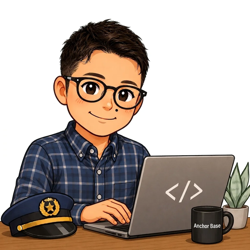 Anchor Base 代表 ほめまろのイラスト。警察官の制帽を横に置き、ノートパソコンで作業している