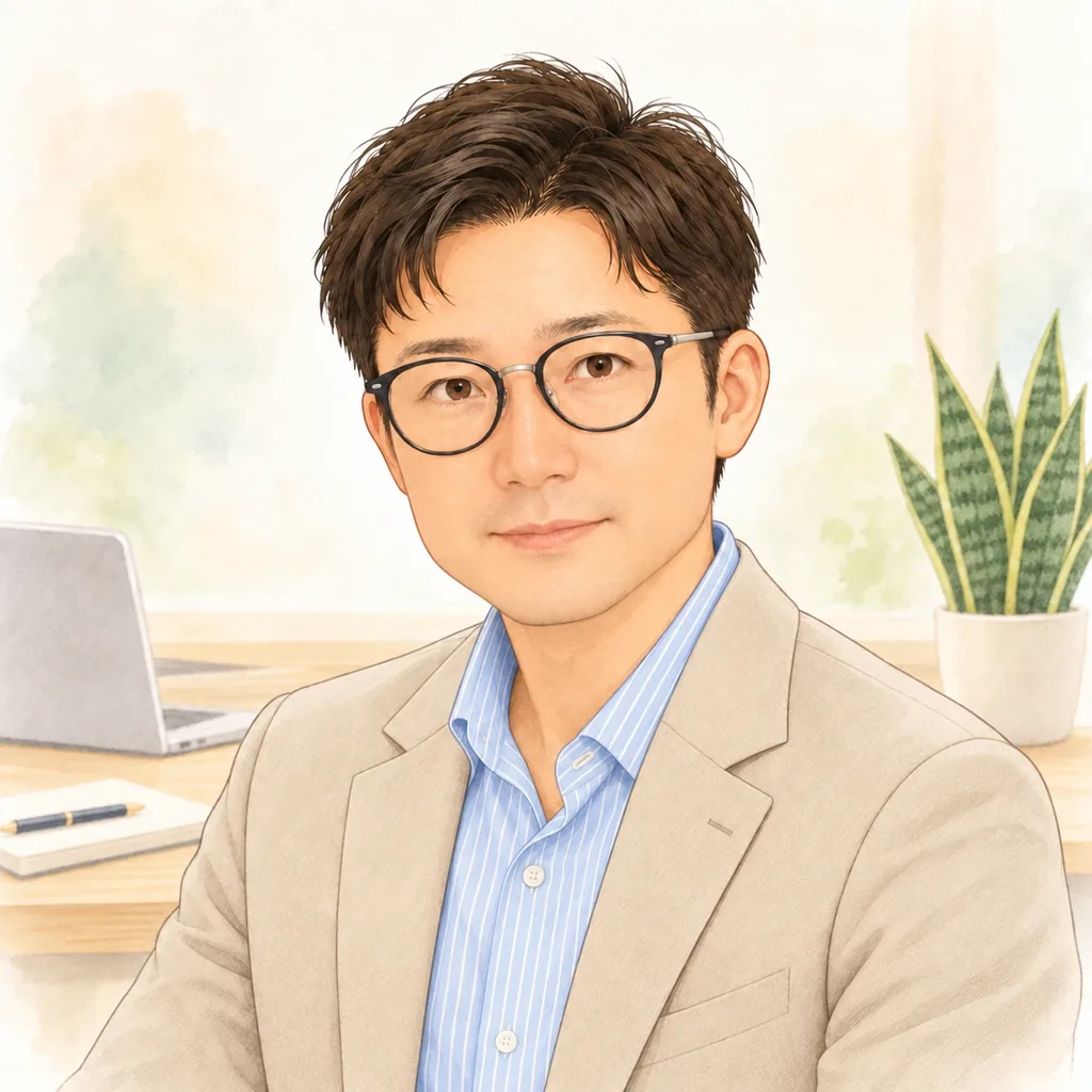 Anchor Base 代表 ほめまろのイラスト。眼鏡にジャケット姿で、ノートパソコンのある机の前に座っている